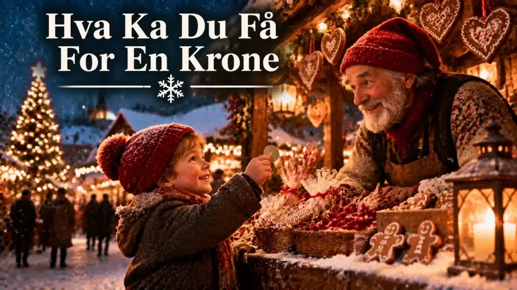 Barn køber julegodter for en krone på et hyggeligt julemarked med lys