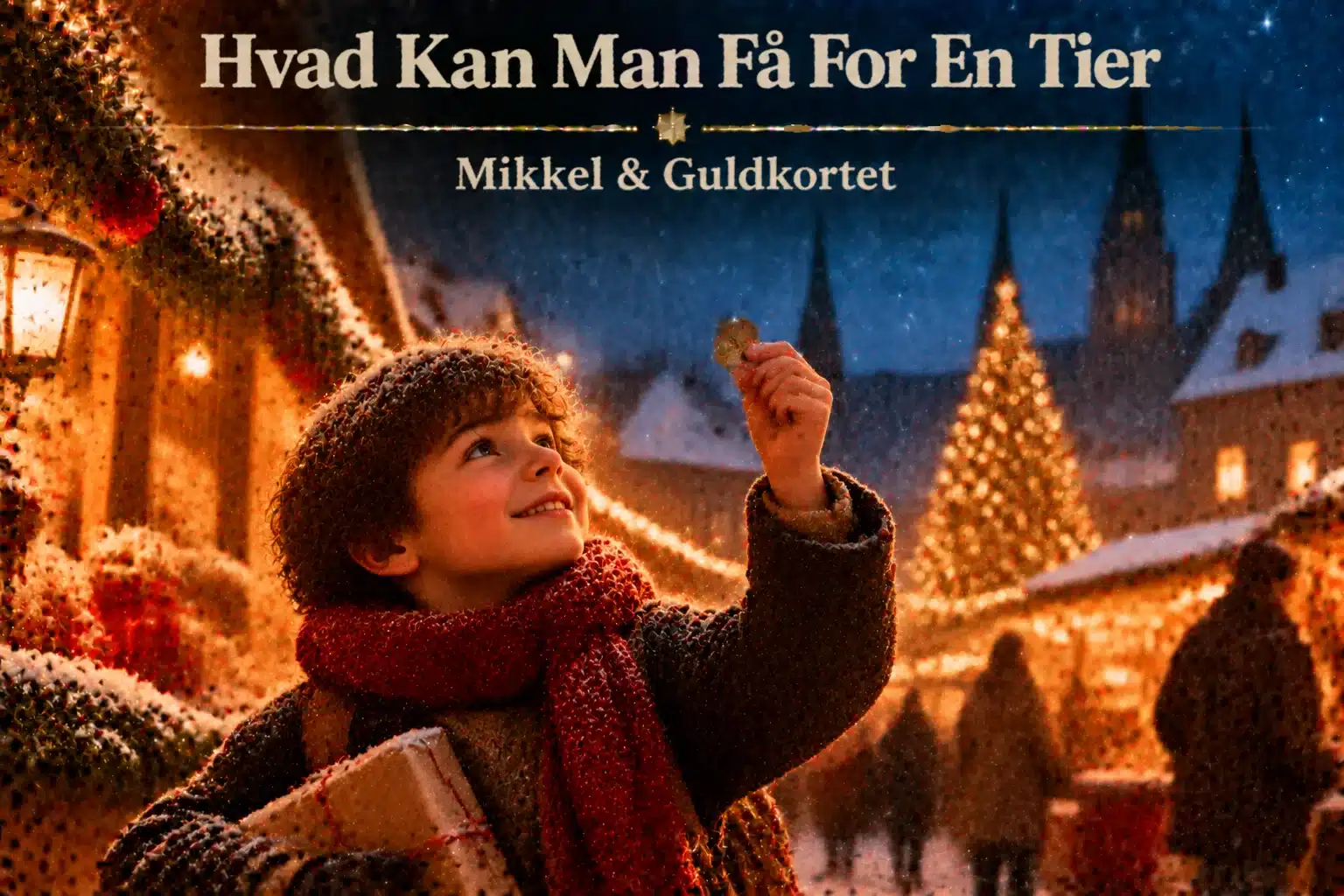 Barn holder mønt og gave i julemarked med lys, sne og juletræ