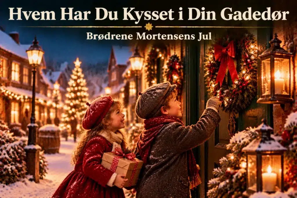Børn pynter julekrans ved gadedør med gave og julelys i sne