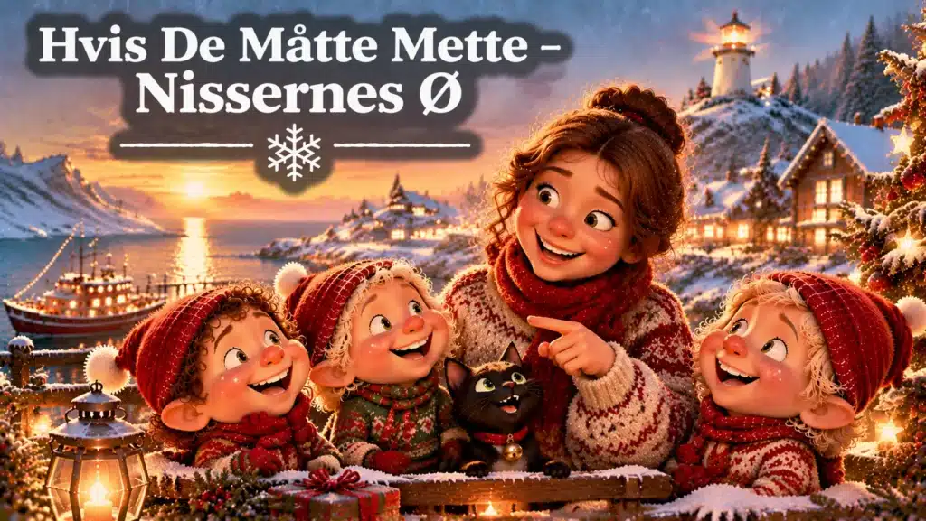 Nisser synger på Nissernes Ø med julelys og sne