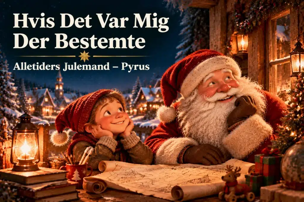 Julemand og nisse planlægger jul i sneklædt landsby med lys og gaver