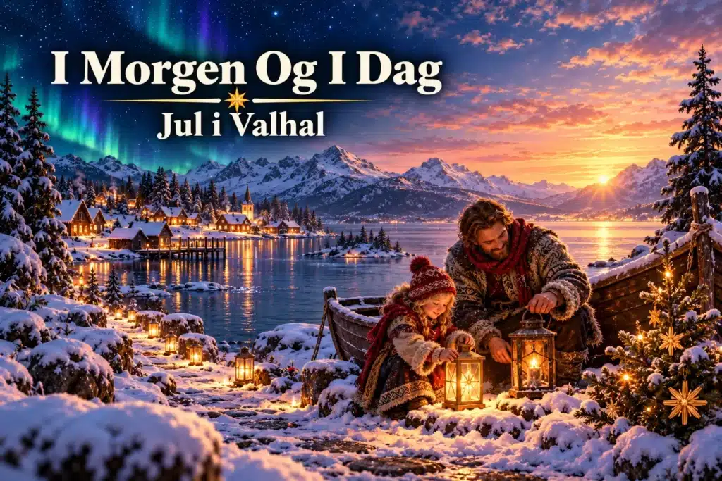 I Morgen Og I Dag – far og barn tænder lanterner ved en nordisk julesø