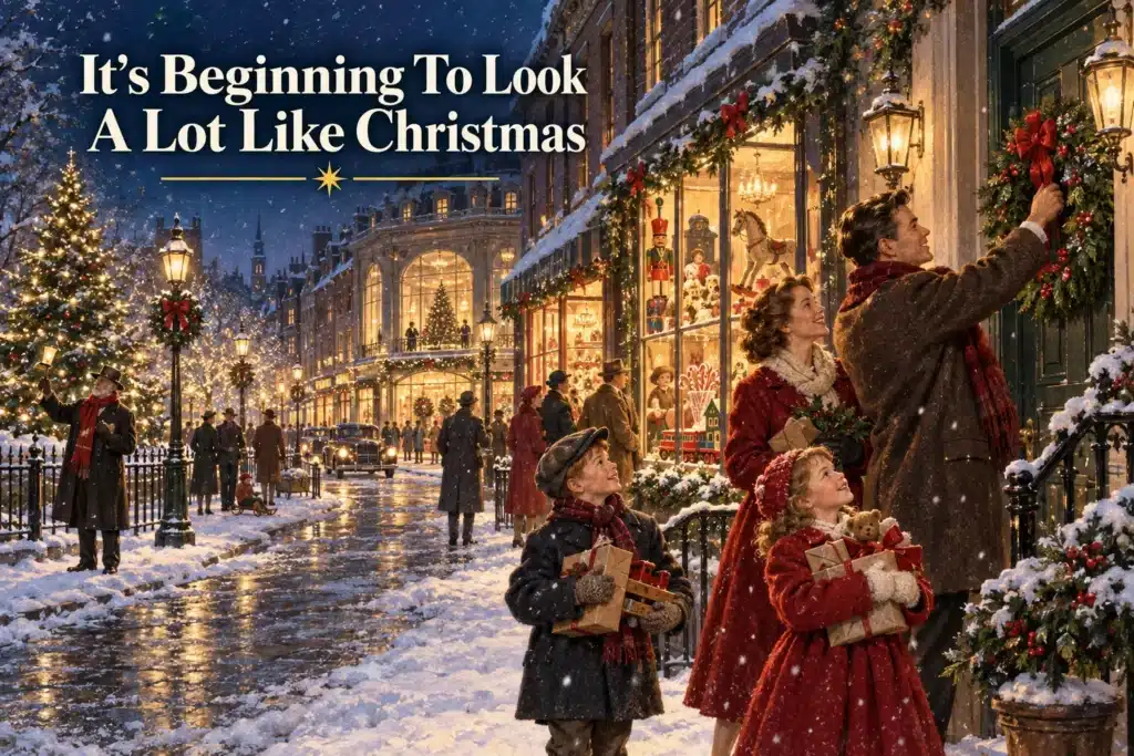 It’s Beginning To Look A Lot Like Christmas – familie pynter døren med kristtorn.