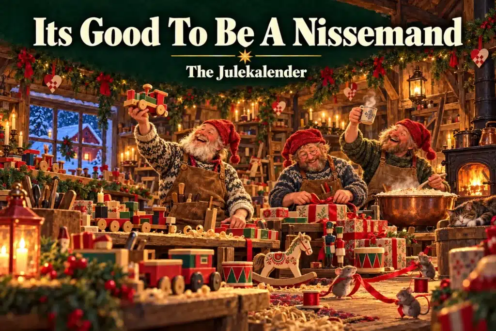 Its Good To Be A Nissemand – tre nissemænd arbejder i juleværkstedet
