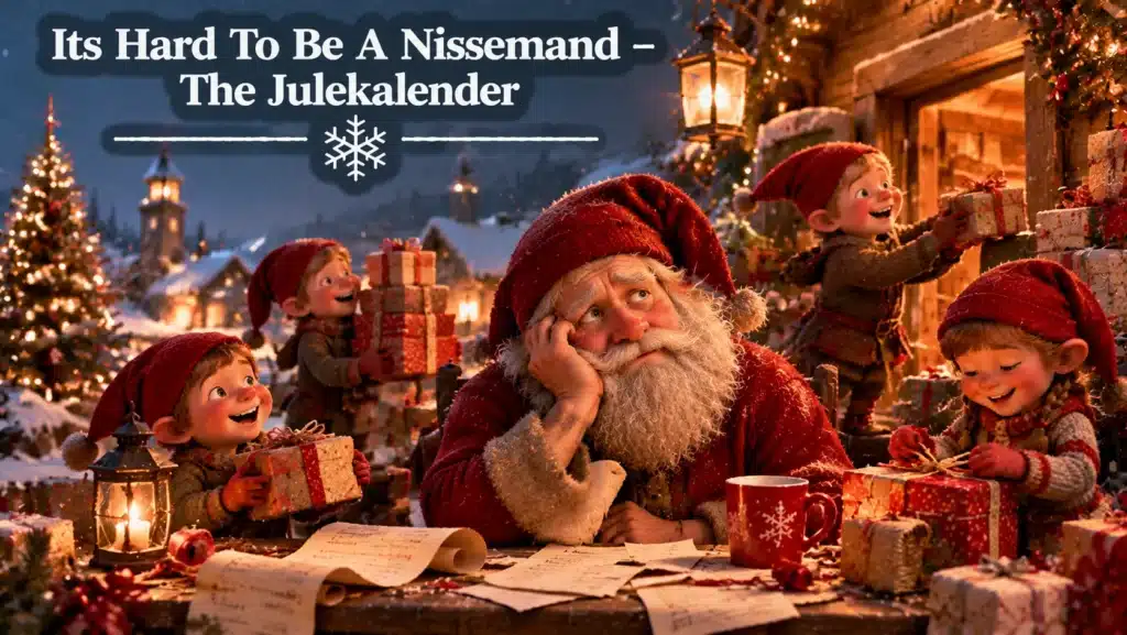 Nissemand arbejder med gaver og nisser i juleværksted med sne og julelys