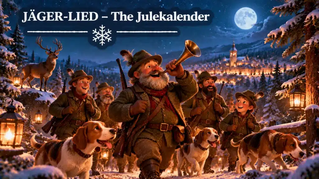 Nisser på jagt med hunde i sneklædt landskab med julelys og vinterstemning