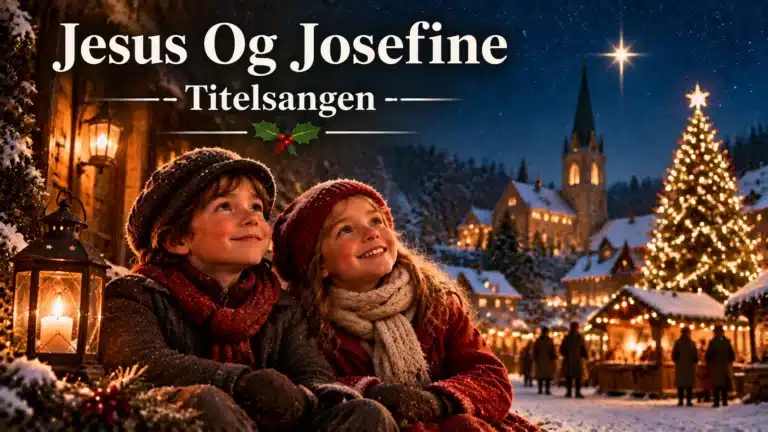 Børn fejrer jul i en sneklædt landsby med julelys og varm stemning