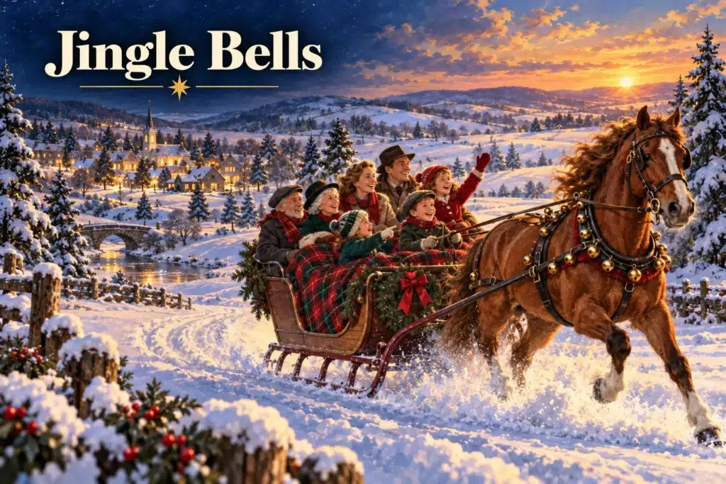 Jingle Bells – glad familie på kanetur gennem et sneklædt vinterlandskab