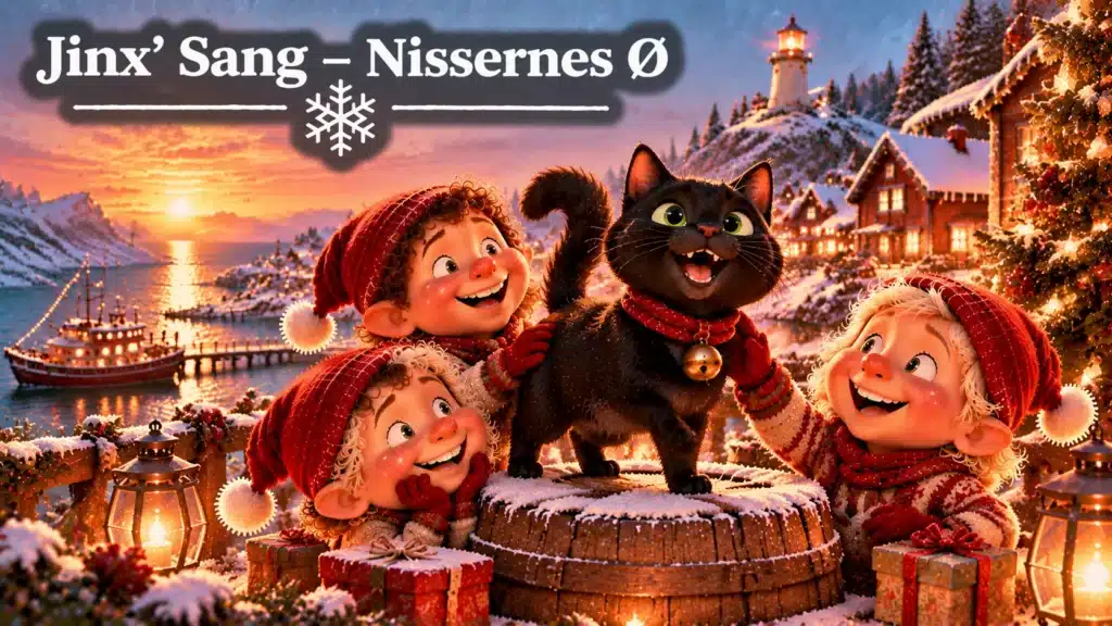 Jinx katten synger på Nissernes Ø med nisser, juletræ, sneklædt landsby, fjord og hyggelig julestemning