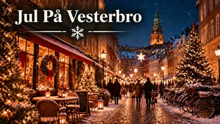 Sneklædt Vesterbro med julelys, juletræer og hyggelig julestemning i København