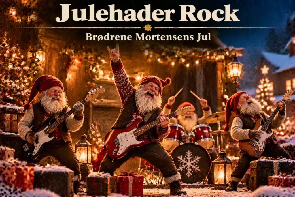 Julemusikere spiller rockkoncert med guitarer, lys og julepynt