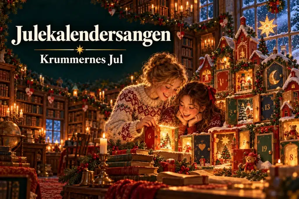 Børn åbner julekalender i sneklædt landsby med julelys og hygge