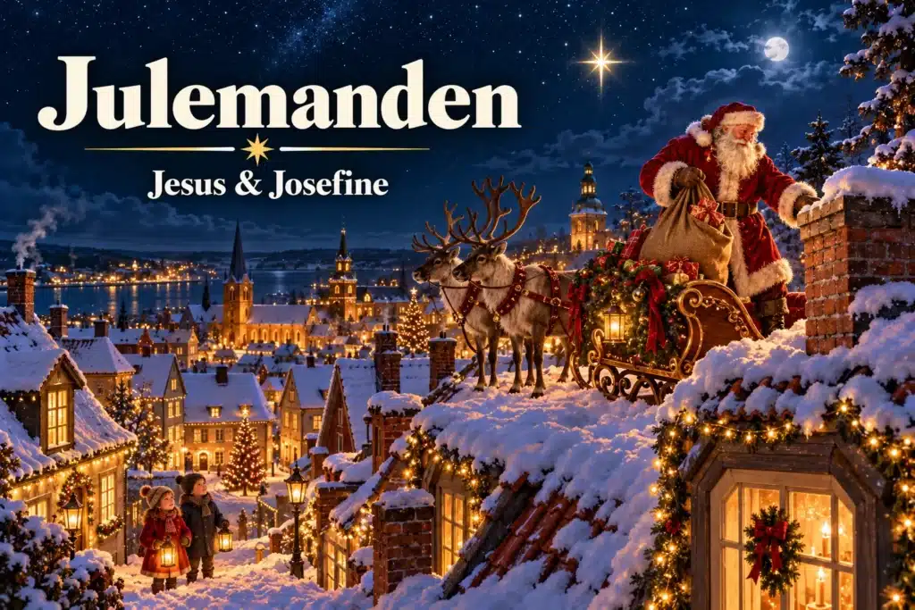 Julemanden – julemanden gør kanen klar på et sneklædt tag over julebyen