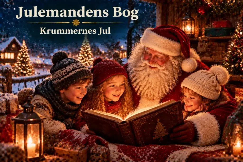 Julemand læser magisk bog med børn i sneklædt landsby med julelys