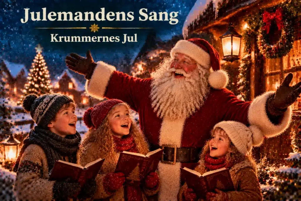 Julemand synger med børn i sneklædt landsby med julelys og sangbøger