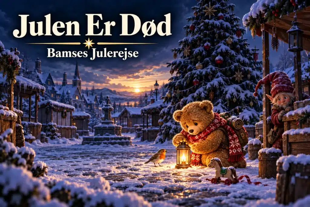 Julen Er Død – bamse beskytter julens sidste lys på en stille sneplads