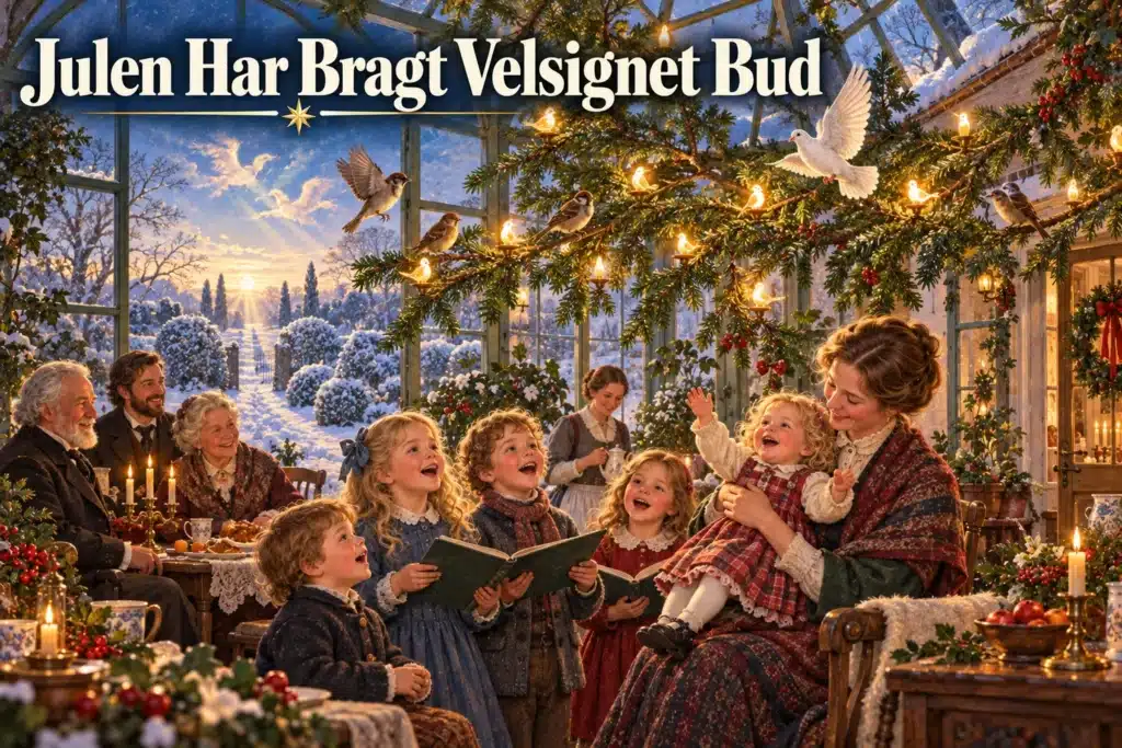 Julen Har Bragt Velsignet Bud – børn synger under lysende gren med spurve og due