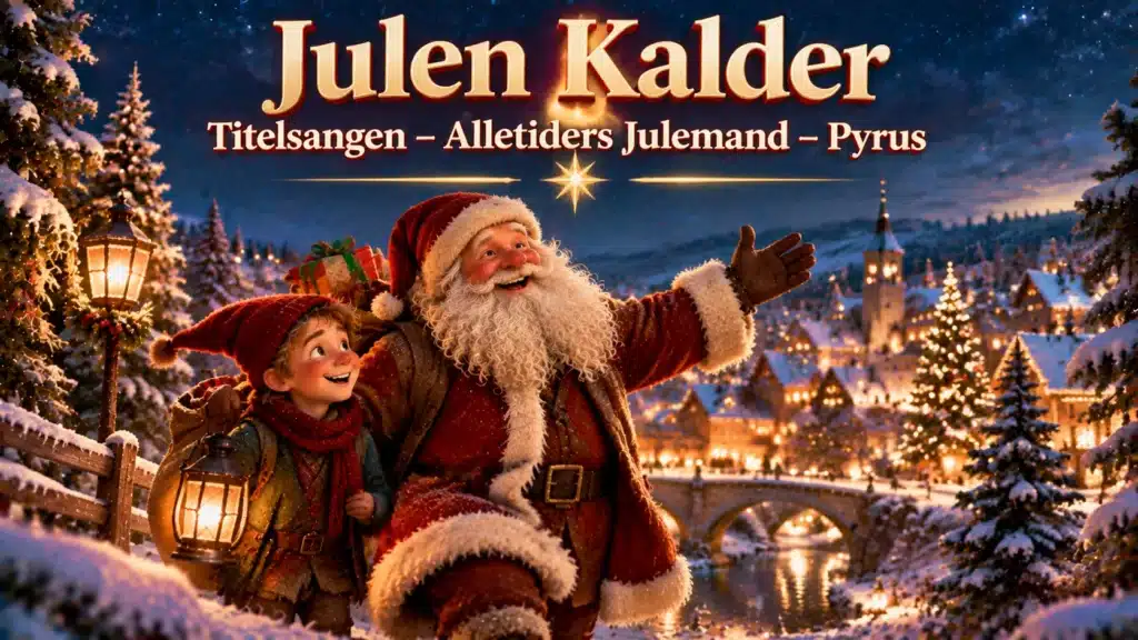 Julemand og nisse fejrer jul i sneklædt landsby med lys og juletræ
