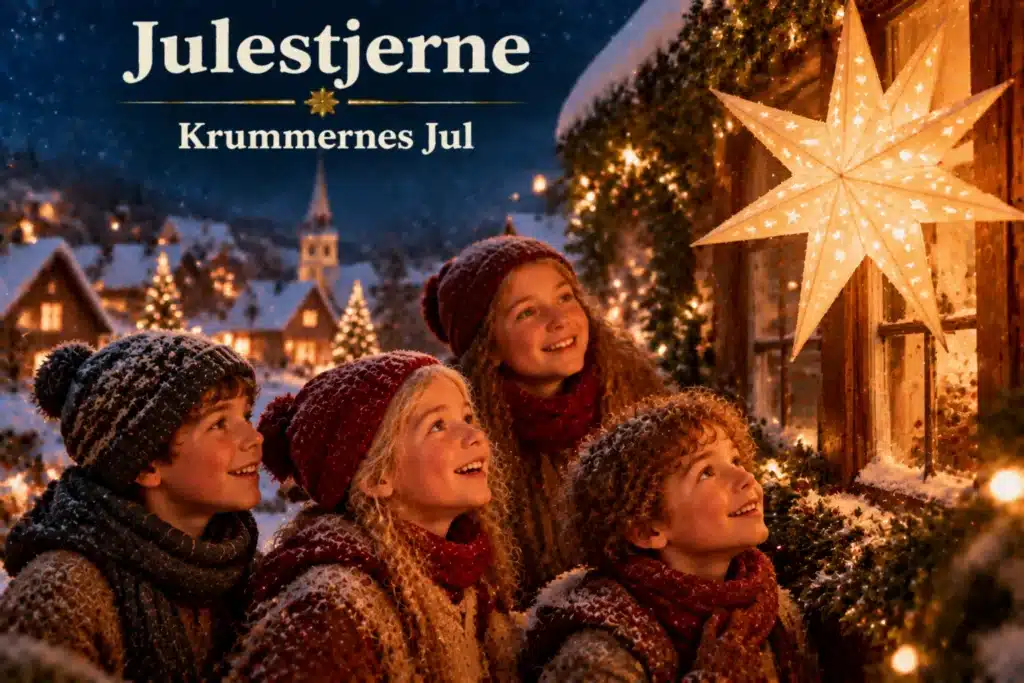 Børn ser lysende julestjerne i sneklædt landsby med julelys
