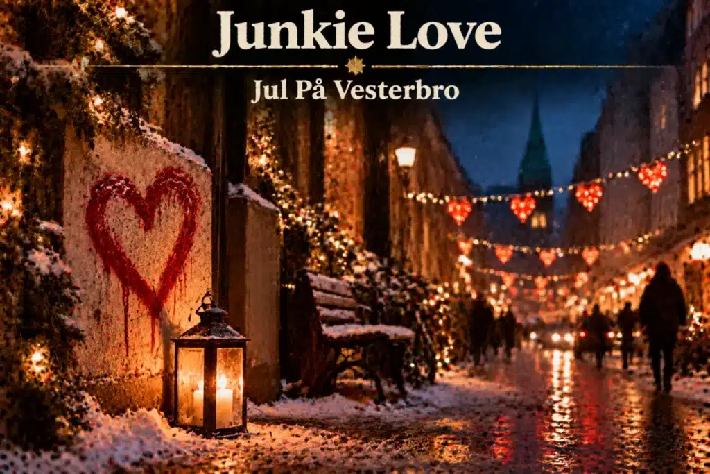 Sneklædt Vesterbro-gade med hjerter, julelys og romantisk vinterstemning