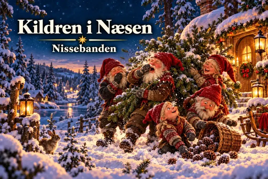 Kildren i Næsen – nisser nyser og griner med gran i en sneklædt skov.