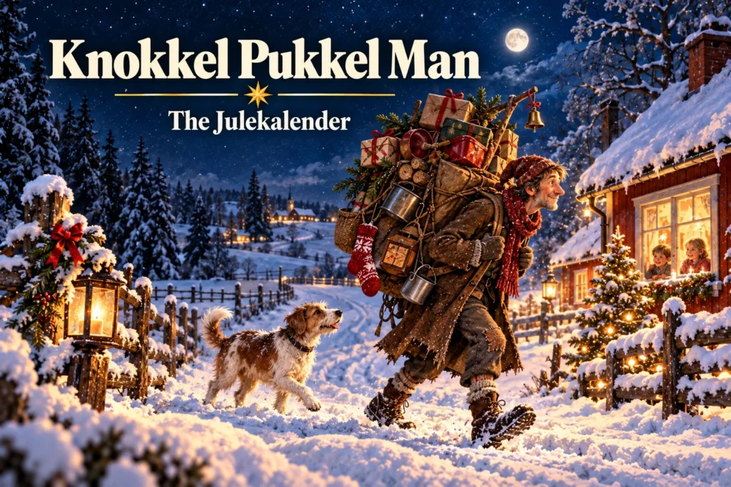 Knokkel Pukkel Man – pukkelrygget mand bærer julegaver gennem sneen