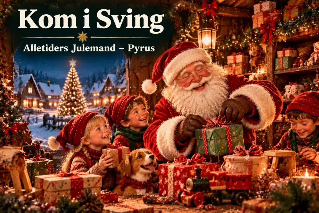 Julemand laver gaver med nisser i hyggeligt juleværksted med lys og sne.