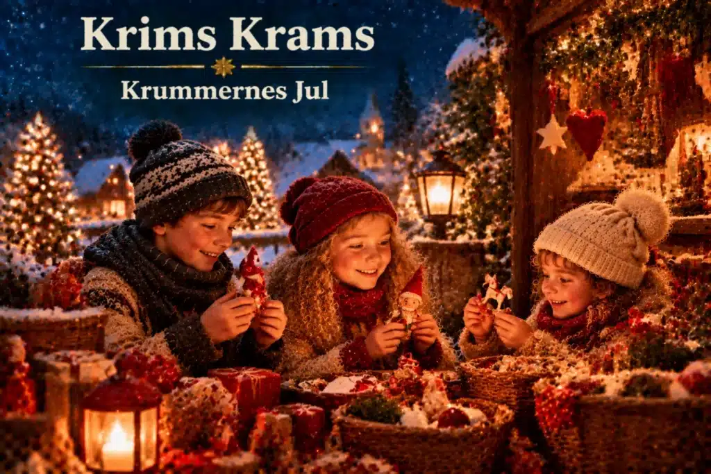 Børn vælger julepynt på marked med sne, lys og hyggelig julestemning