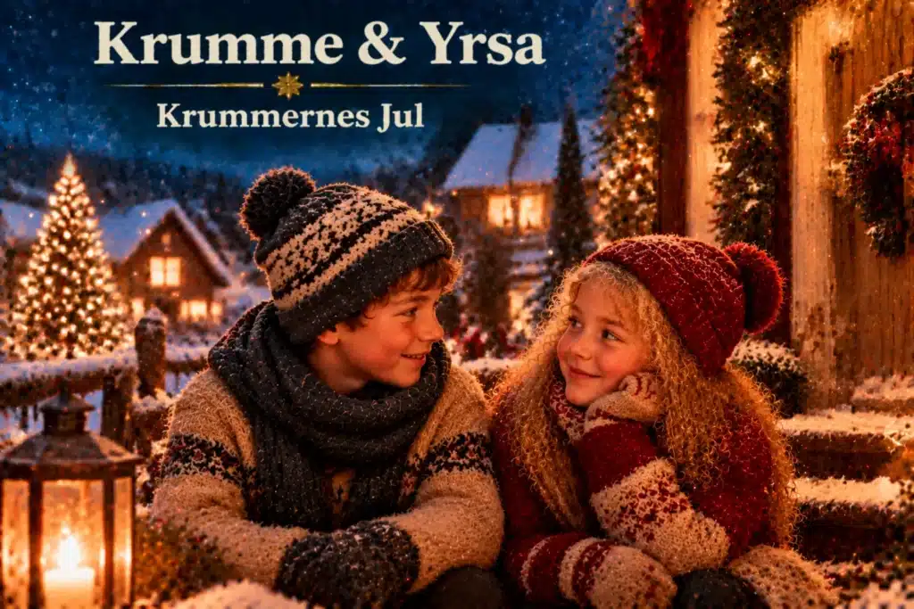 Børn sidder sammen i sneklædt landsby med julelys og vinterhygge