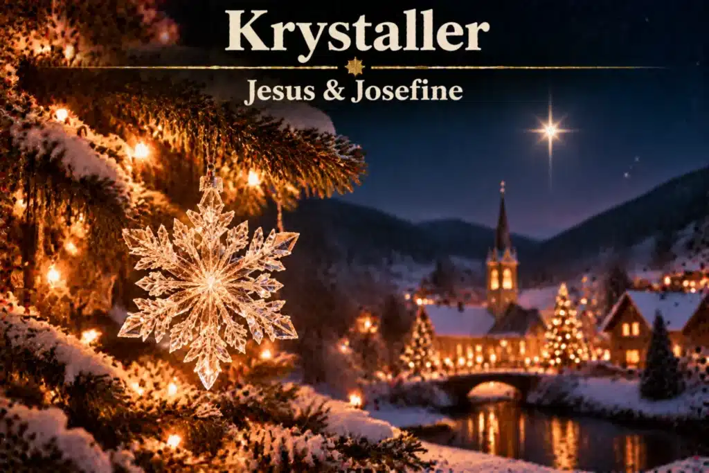 Krystal snefnugpynt på juletræ med lys og sneklædt landsby