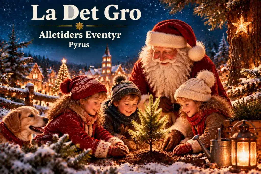 Julemand og børn planter juletræ i sneklædt landsby med lys og hygge