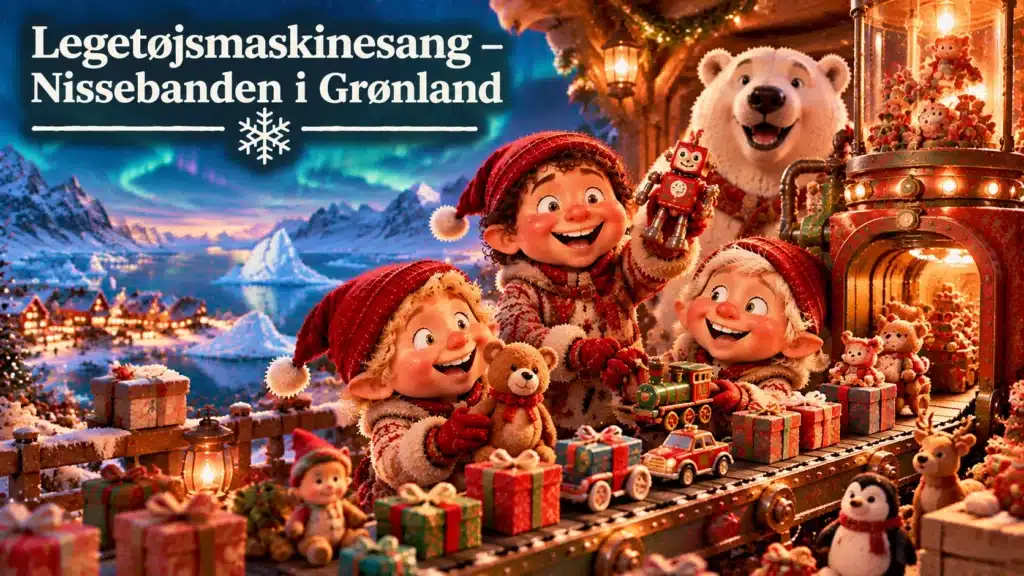Nisser bygger legetøj i Grønland med julemaskine, gaver, nordlys og sneklædte bjerge