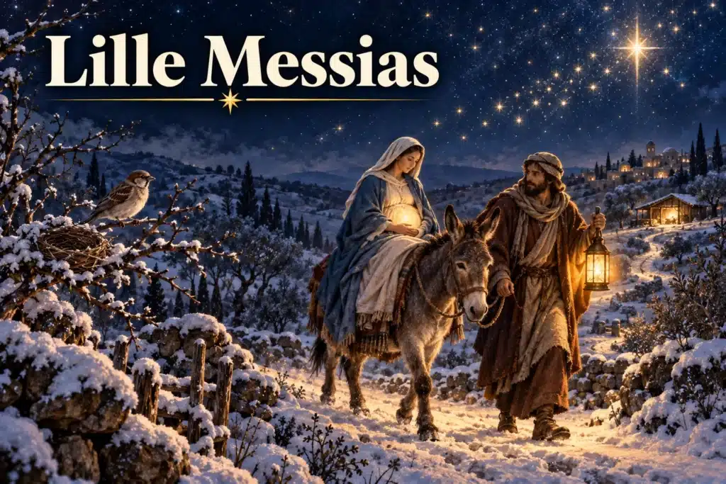 Lille Messias – Maria rider mod Betlehem under stjerner med Josef og æslet