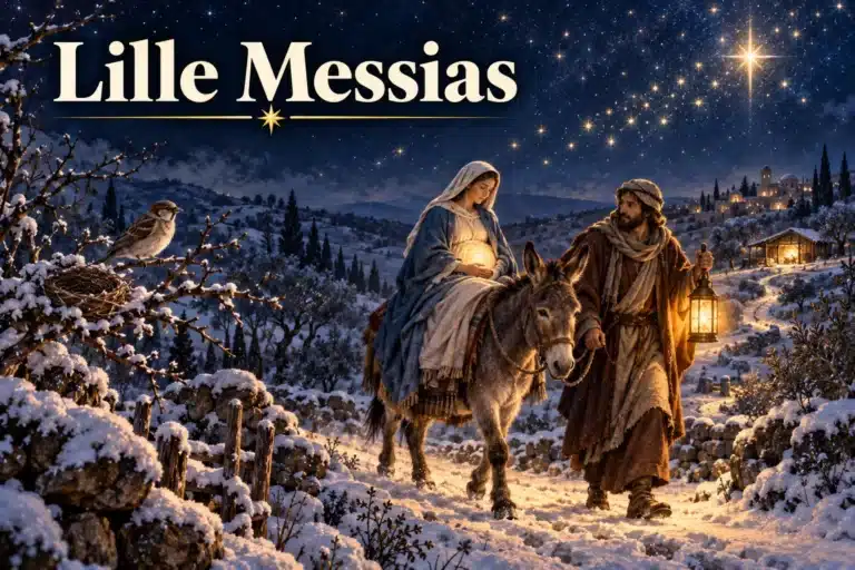 Lille Messias – Maria rider mod Betlehem under stjerner med Josef og æslet