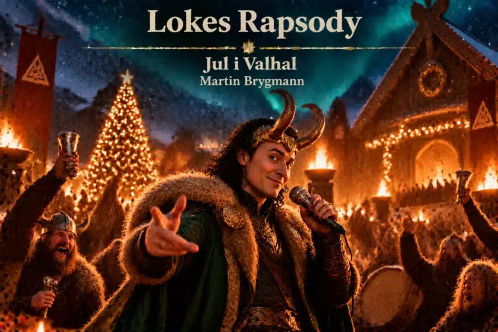 Loke optræder med mikrofon i Valhal med ild, julelys og vikinger