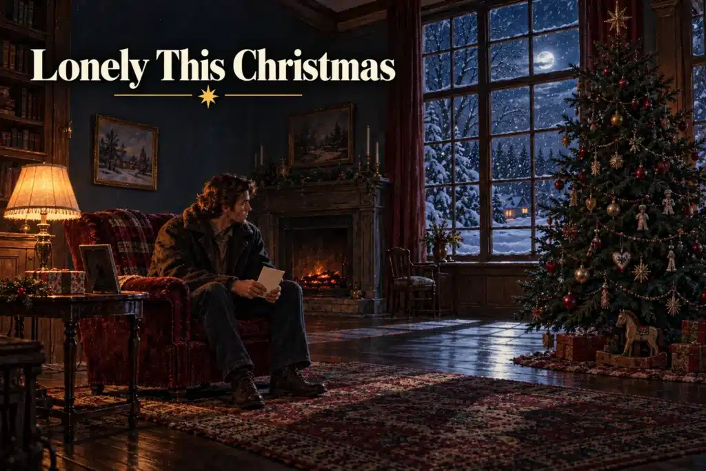 Lonely This Christmas – mand sidder alene ved et mørkt juletræ