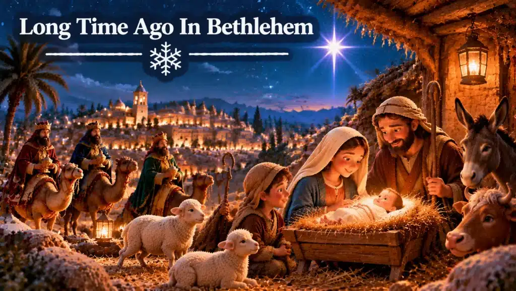 Bethlehem julemotiv med Jesusbarnet, Maria, Josef, hyrder og stjernehimmel