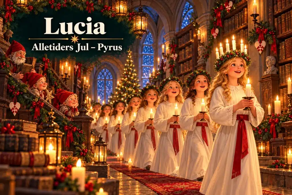Lucia – pigekor går i stemningsfuldt Luciaoptog gennem det julepyntede arkiv