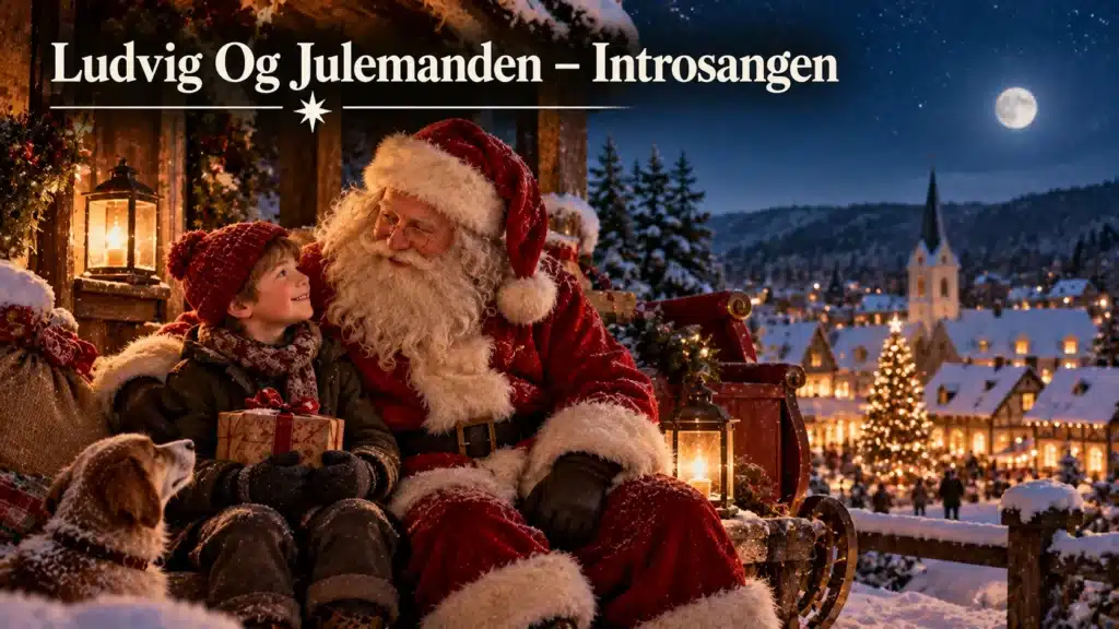 Ludvig og julemanden sammen i et hyggeligt, sneklædt julelandskab