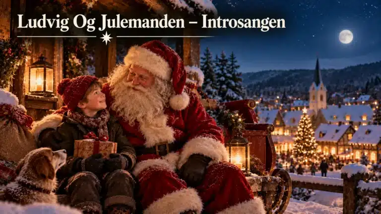 Ludvig og julemanden sammen i et hyggeligt, sneklædt julelandskab
