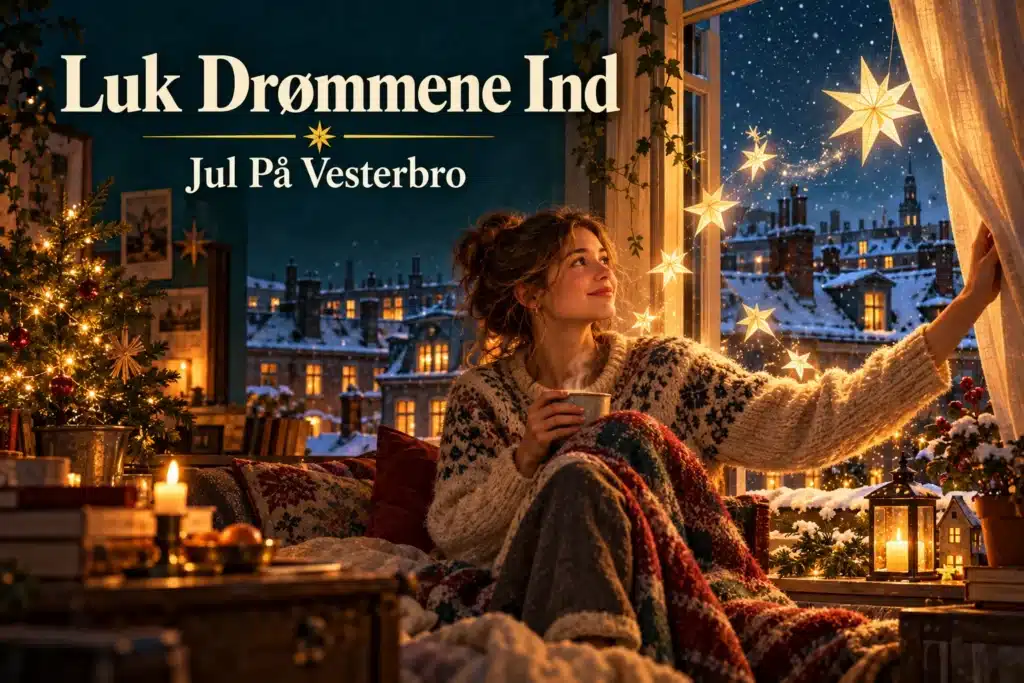 Luk Drømmene Ind – ung kvinde åbner vinduet for julens lys og drømme