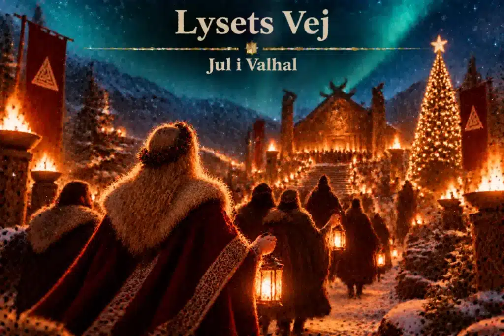 Vikinger følger lyssti i Valhal med lanterner, sne og julelys