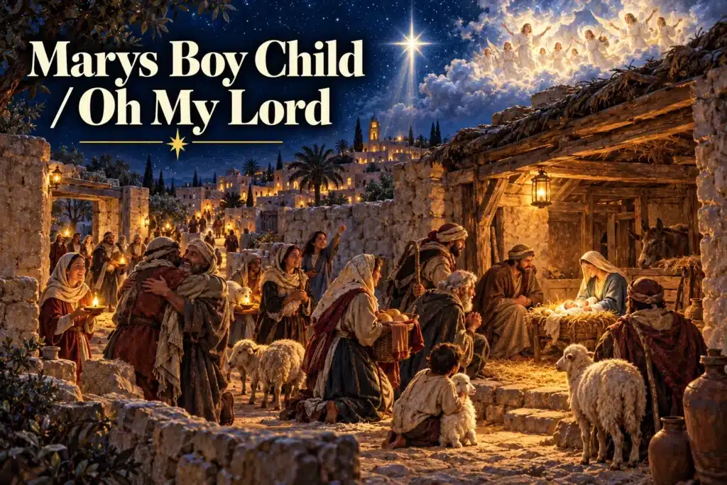 Marys Boy Child/Oh My Lord – mennesker samles ved stalden i Betlehem