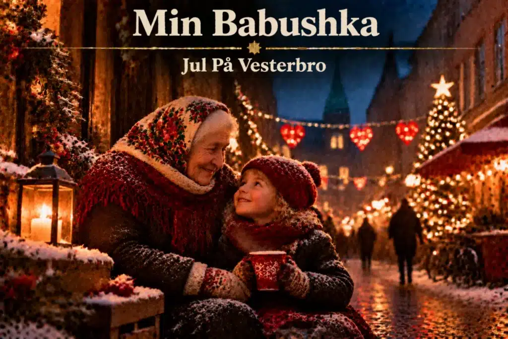 Bedstemor og barn nyder julehygge i sneklædt gade med lys