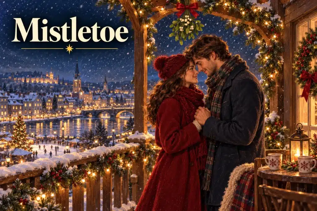 Mistletoe – ungt par står tæt under misteltenen i snevejr