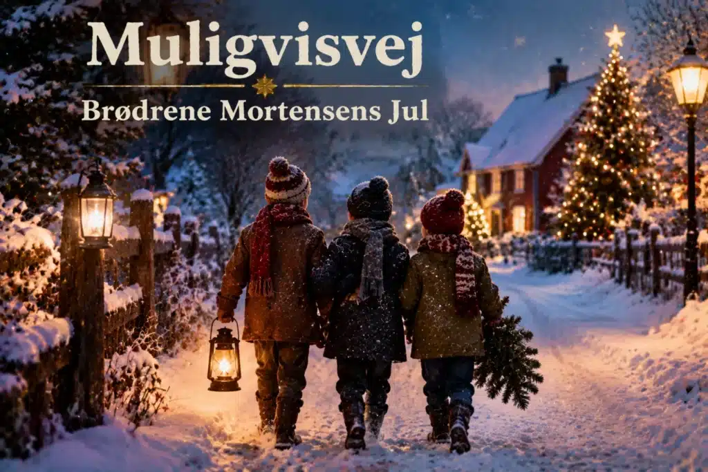 Børn går gennem sneklædt vej med lanterne mod julelys og landsby
