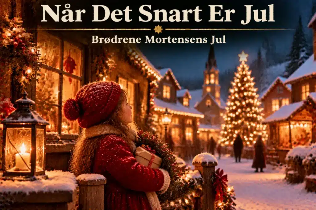 Barn holder julegave i sneklædt landsby med lys og juletræ