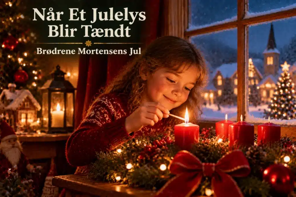 Pige tænder julelys ved vindue med julepynt og sneklædt landsby