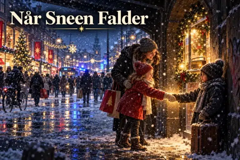 Når Sneen Falder – barn rækker hånden ud til fremmed barn i julebyen