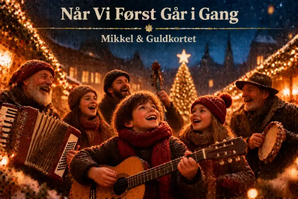 Julemusikere spiller sammen i sneklædt marked med lys og juletræ